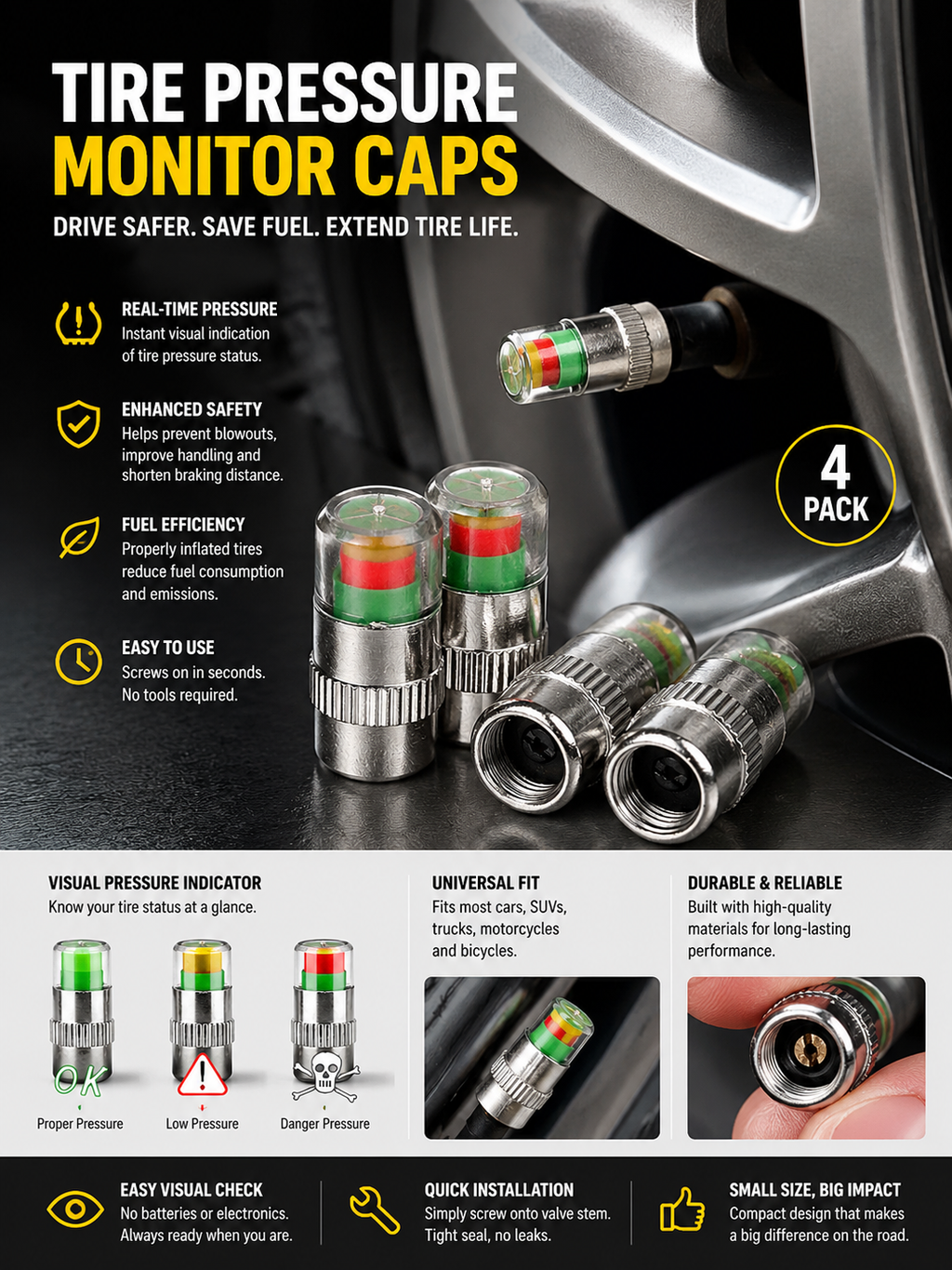 The Pressure Check™ — Tire Pressure Valve Caps (Set of 4)